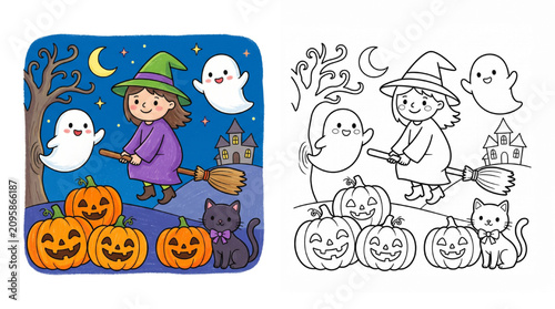 Pastel Halloween Coloring Pages for Preschool Kids with Colored Example and Clean Black Line Art Worksheet Isolated on Transparent Background