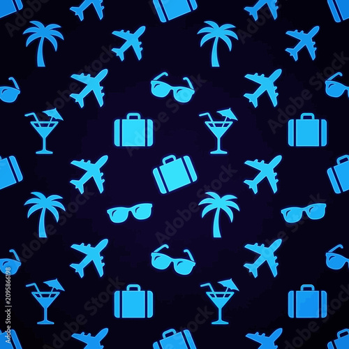 Dark blue travel and vacation pattern with blue icons.