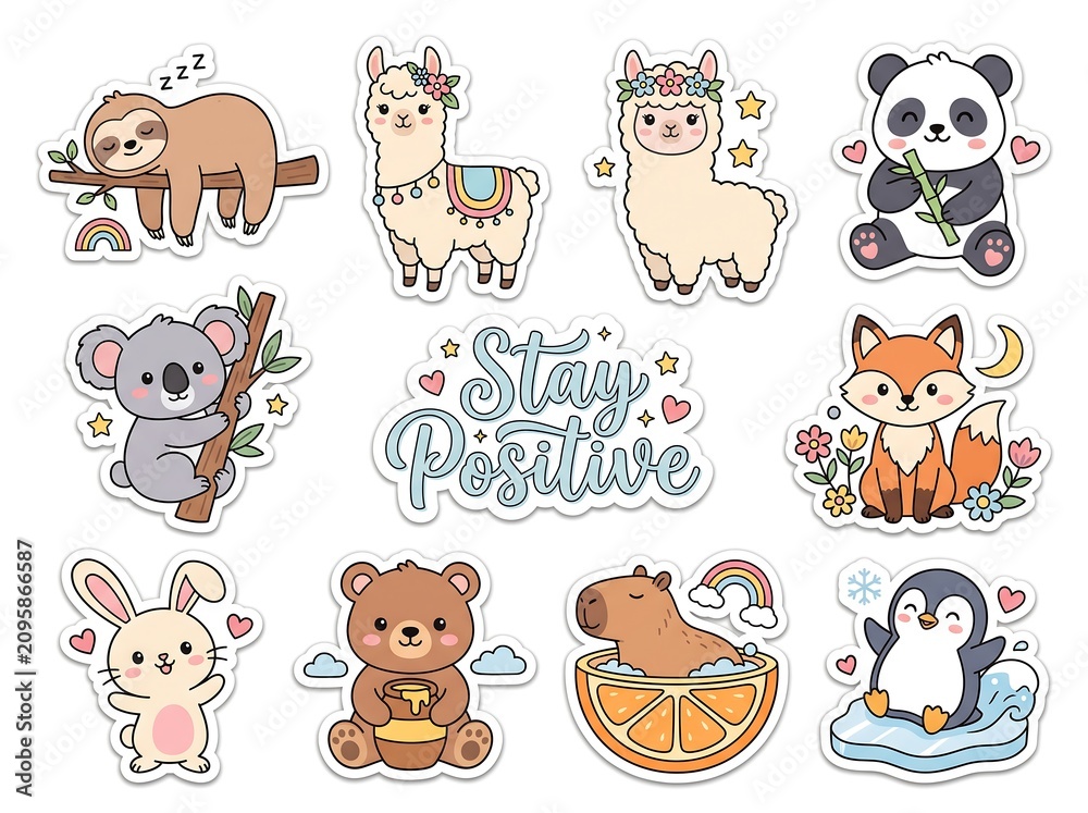 Obraz premium Cute Stay Positive Animals Sticker Pack with Rainbow and Inspirational Quote