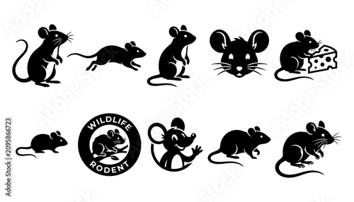 Bild auf Leinwand Mice Icons with Cheese and Wildlife Rodent Logo in Black and White Featuring Ico