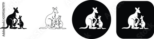 Fotografi Four of a mother kangaroo with a joey in solid black, outline, and white silhoue