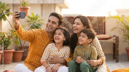 Joyful Indian Family Celebrating India's Independence Day Outdoors