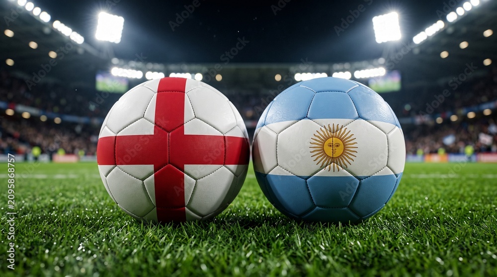 Fototapeta premium Two Soccer Balls Textured with National Flags of England and Argentina on Green Pitch in Large Stadium Before International Match