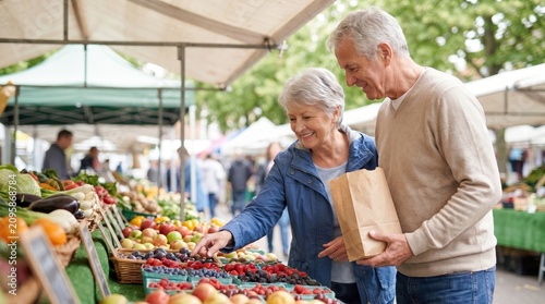 Senior Couple Shopping for Fresh Fruit at Outdoor Market for Senior Citizen Day