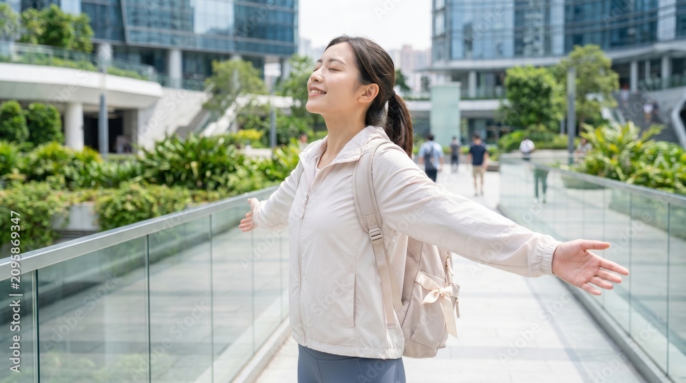 Fototapeta premium Young woman breathes deeply outdoors for World Lungs Day