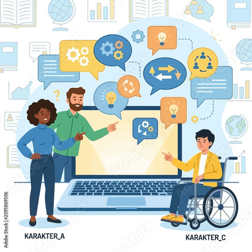 Diverse team collaborating on laptop with digital business icons.