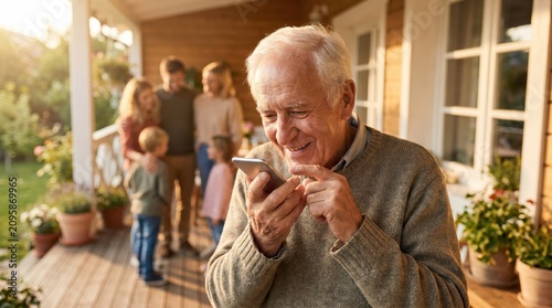 Grandfather using smartphone with family for Senior Citizen Day