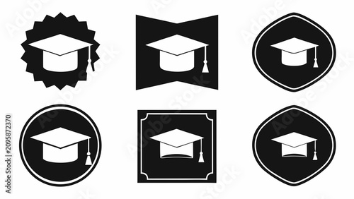 Quadro su tela Graduation cap silhouettes collection black and white vector icons with varied g