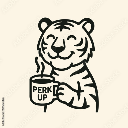 Smiling Tiger Holding Coffee Mug.