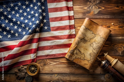 Happy Columbus Day concept. Vintage American flag over retro treasure manuscript. Flat lay, top view with copy space.