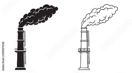 Obraz na plátne factory chimney emitting black smoke in line art vector icon black silhouette wi