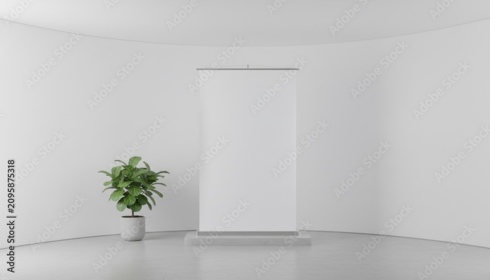 Fototapeta premium Minimal blank banner display in clean modern room ideal for branding mockup presentations product display and creative design concepts