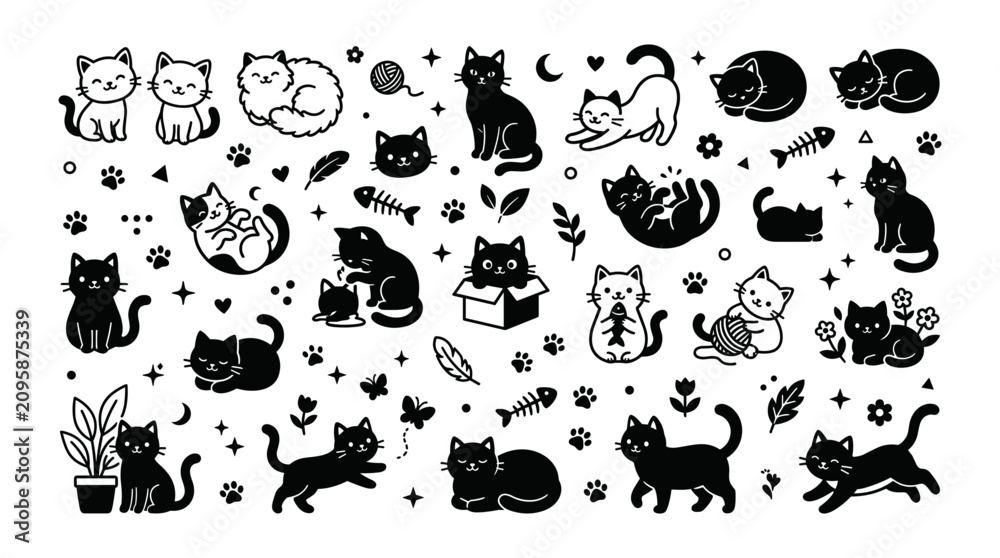 Obraz premium Cats in Various Playful and Relaxed Poses with Fish and Paw Prints Featuring Black, White, Orange with Gray and Sitting Elements