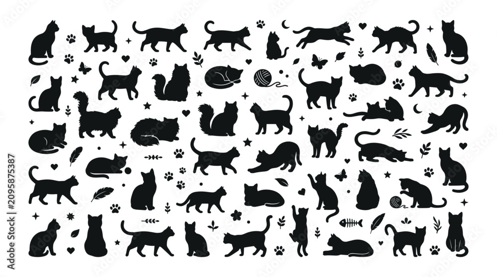 Fototapeta premium Cats in Various Poses and Styles Forming a Playful Pattern Featuring Cat, Silhouette, Black with White and Cute Elements