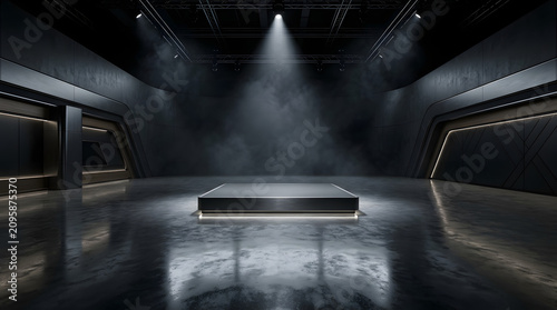 Futuristic Exhibition Hall: A sleek, modern exhibition hall with a spotlight illuminating a central display platform, exuding an atmosphere of innovation and anticipation.