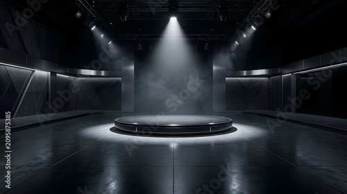 Futuristic Stage Podium with Spotlight: An empty, modern circular podium sits centre stage in a dark, industrial-themed auditorium, illuminated by a dramatic beam of light from above.