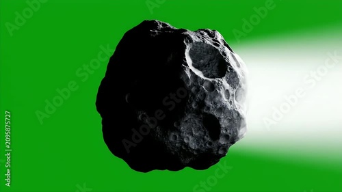 A detailed rendering of a dark, cratered asteroid floats against a vibrant green and white gradient background, suggesting a space or science fiction theme.
