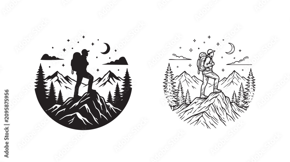 Fototapeta premium hiker black silhouette with line art vector icon standing on mountain peak at night