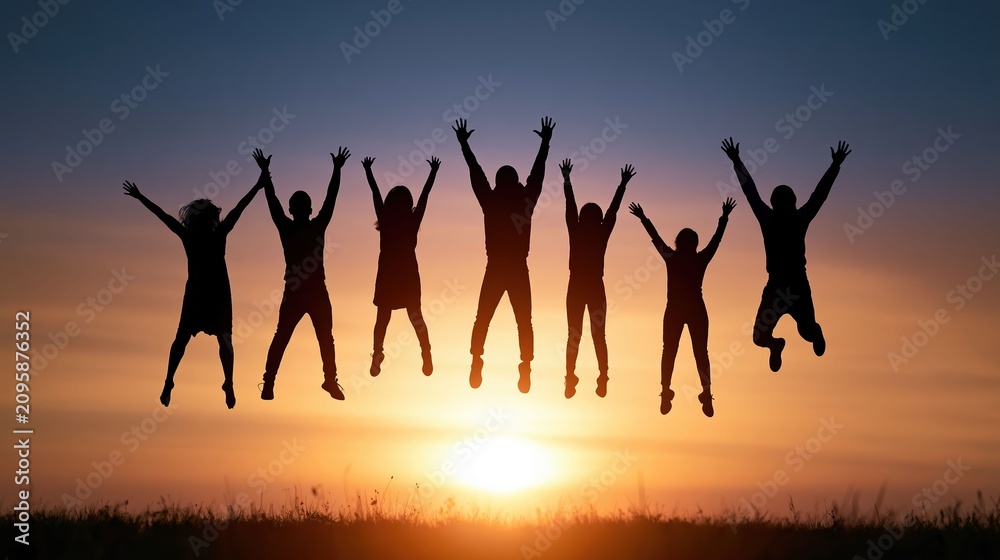 Fototapeta premium Youth Friendship Freedom, Friends jump against a glowing sunset sky expressing freedom, happiness, and the pure joy of friendship.