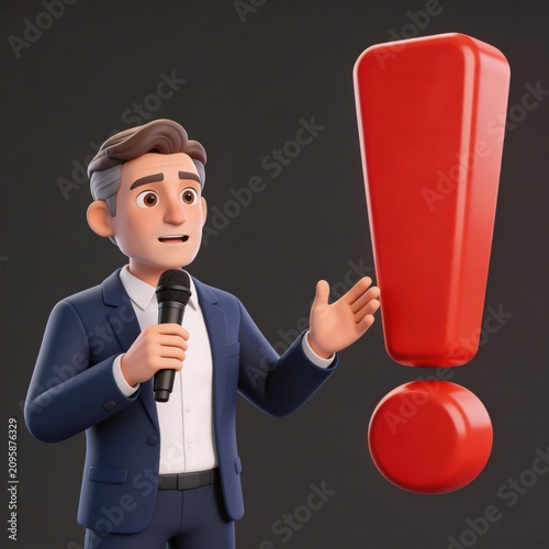 businessman holding microphone with red exclamation mark