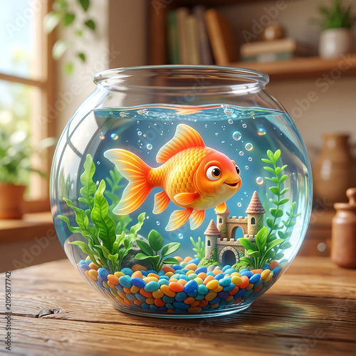 Bright orange goldfish swimming in a glass bowl. Vibrant aquatic pet habitat with colorful pebbles and castle decoration