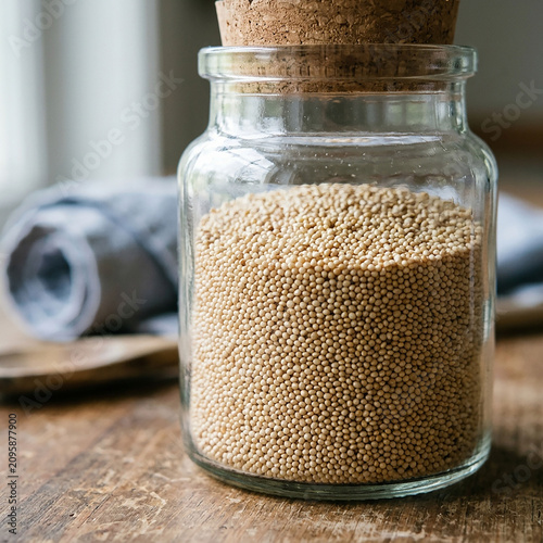 Glass jar filled with whole grain oats for healthy breakfast. Organic rolled oats in rustic kitchen storage container.