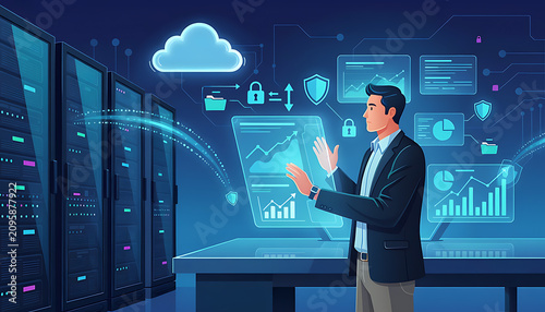 Businessman using digital tablet to manage database cloud computing system suit