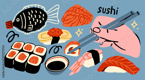 Delicious Sushi set. Red fish Maki rolls, Tamago, shrimp, tuna sushi, salmon Sashimi, chopsticks, soy sauce. Japan traditional food. Hand drawn trendy Vector illustration. Isolated design elements