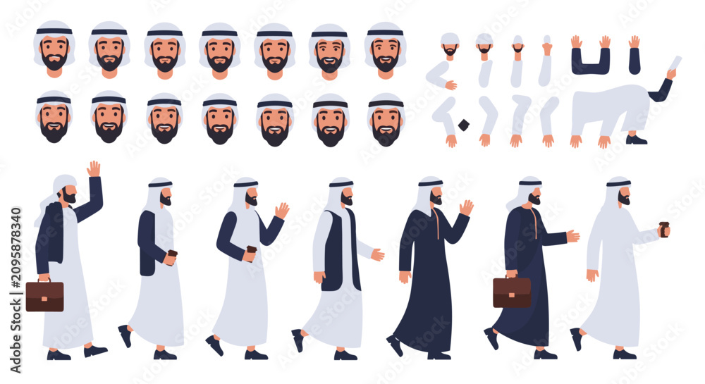 Obraz premium Character animation set showing an Arab man in traditional white thobe and ghutra in various poses and actions.