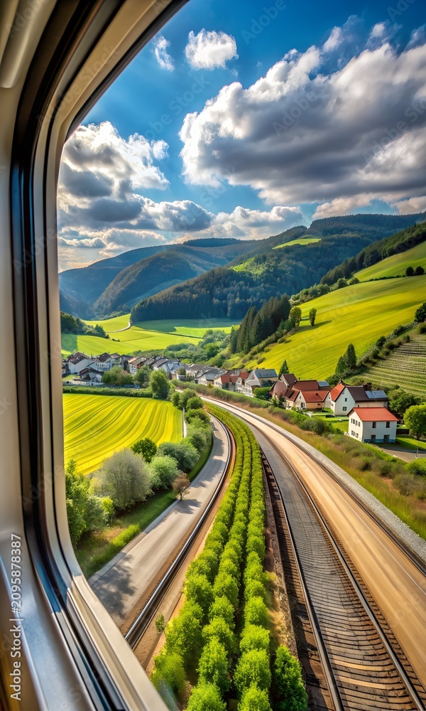 Obraz premium Landscape from window view of a moving train in Germany