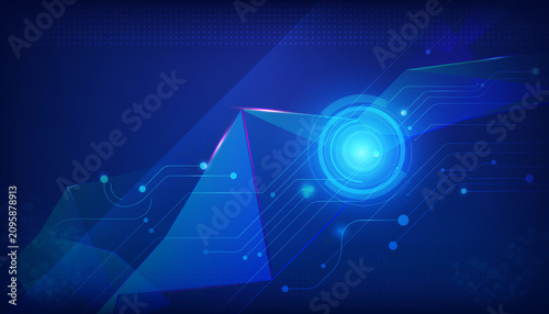 Blue geometric abstract technology background, with glowing nodes, and connecting lines