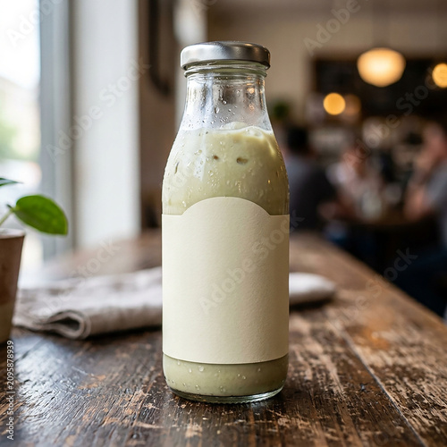 Glass bottle of fresh plant-based milk on wooden table. Dairy-free alternative drink in clear container for healthy lifestyle