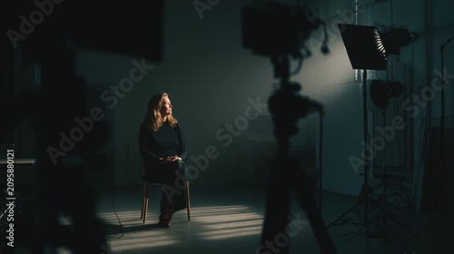 Woman sits in a chair under studio lights surrounded by cameras during a video shoot at an indoor location