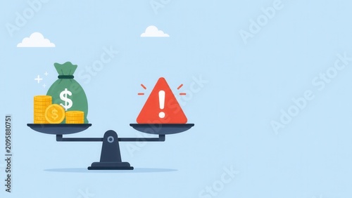 Financial risk and reward balance with money bag coins and warning sign business decision concept