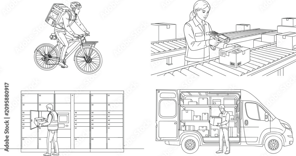 Obraz premium Collection of logistics and delivery service illustrations featuring parcel handling and modern courier operations line art