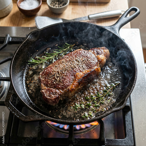 Seared steak cooking in cast iron skillet with herbs. Juicy beef pan-frying on stovetop with seasoning and butter