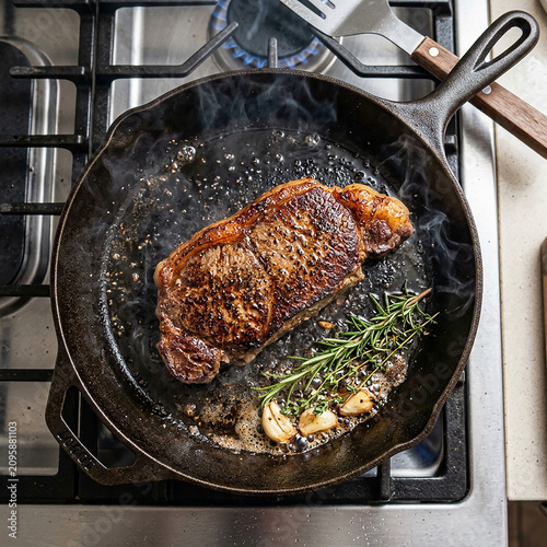 Grilled chicken breast searing in cast iron skillet. Juicy herb-crusted poultry cooking on stovetop with butter and rosemary.
