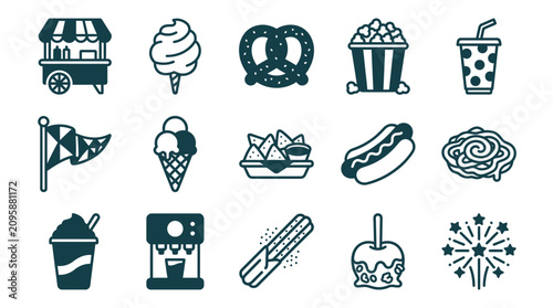 Obraz na płótnie Vector set of fifteen flat carnival and fair food icons including a snack cart, cotton candy, pretzel, popcorn, soda, ice cream, nachos, hot dog, funnel cake, and candy apple on white