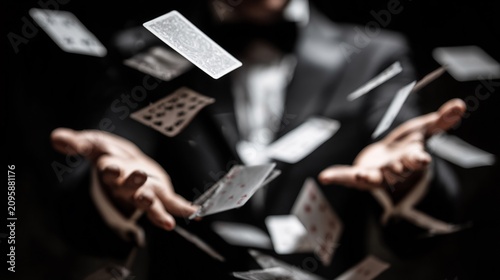 A suited male magician tosses playing cards into the air, capturing a moment of magic and intrigue against a dark background.