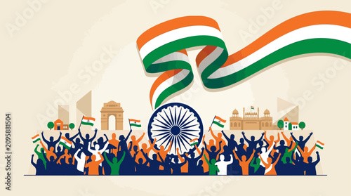 Vibrant Indian Independence Day Celebration with Flag and Crowd Unity in a Festive Atmosphere