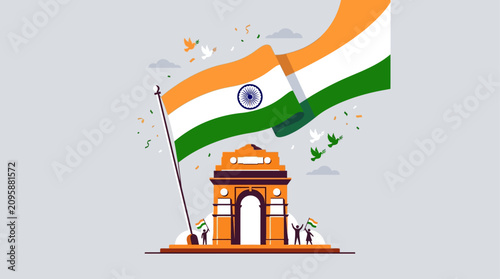 Celebrating Indian Independence with Victory Arch and National Flag Flying High