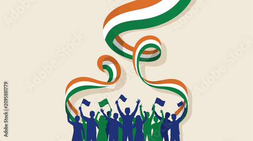 Vibrant Indian Independence Celebration Illustration with Flag Colors and Diverse Crowds