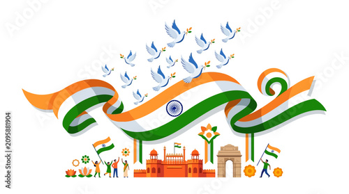 Festive Indian Independence Day Celebration with Tricolor Ribbons and Doves Representing Freedom Patriotism and Unity