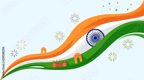 Vibrant Independence Day Celebration Display with Tricolor Waves and Fireworks