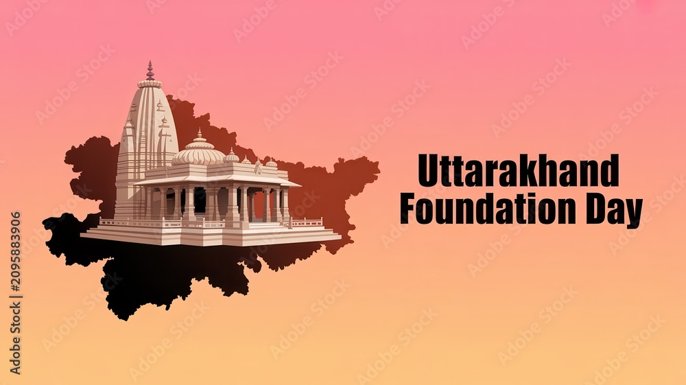 Obraz premium Uttarakhand Foundation Day poster with temple and state map silhouette on gradient background