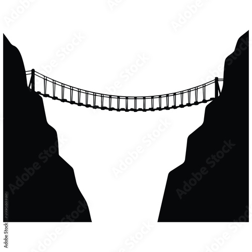 Vector silhouette of rope bridge spanning a gorge, line art illustration.