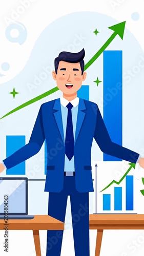 Successful businessman at office desk with growth chart graph.