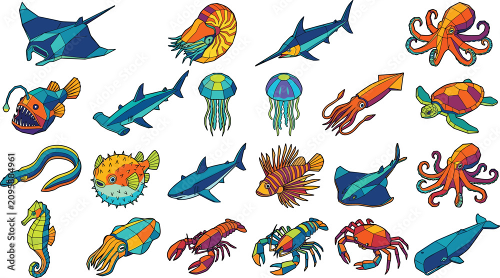 Obraz premium Collection of Geometric Low Poly Sea Animals and Marine Life Icons for Creative Design Projects
