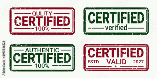 Foto Certified rubber stamp collection vector, rectangular validation stickers with grunge borders and text variations, quality and authentic seal badges isolated on white background
