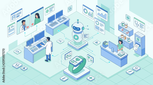 Isometric digital healthcare and telemedicine concept illustration featuring AI robot assistant, doctors, smartwatch tracker, online medical dashboard, and futuristic clinic scene